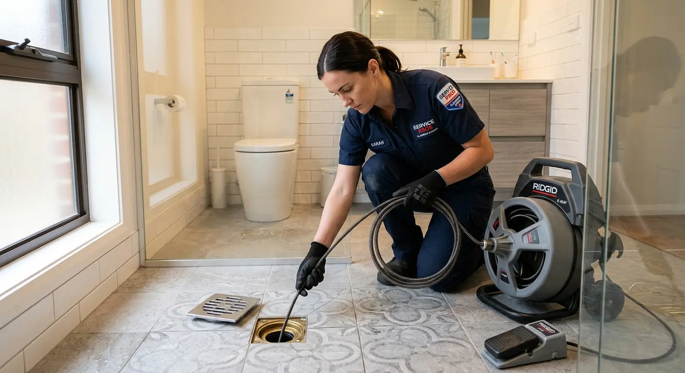 Technician clearing a bathroom floor drain for Hydro Jetting in Mesquite